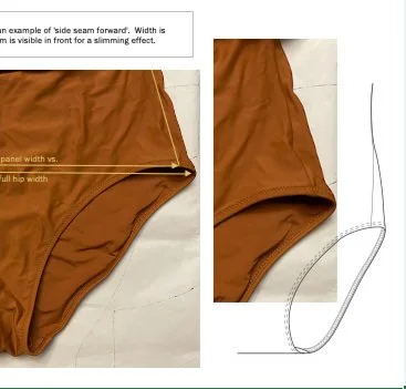 cropped images of a portion of a garment with notes for the manufacturer and a technical vector illustration