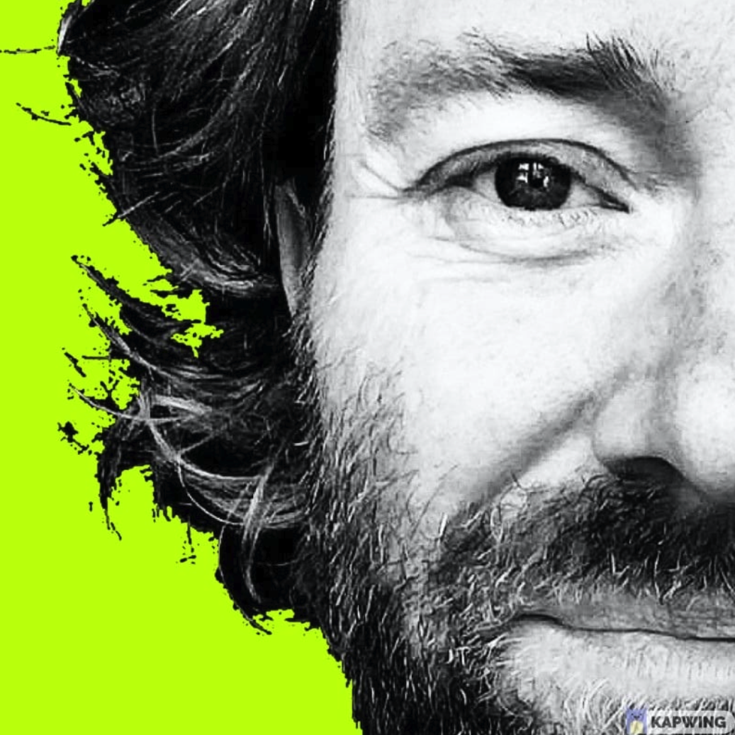 Close-up of a man's face with curly hair and a beard, partially visible with a vibrant lime-green background.