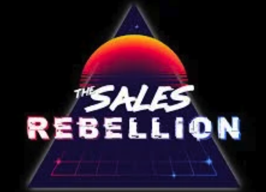 Retro-style graphic with a large sun setting over the ocean, a triangle, and text that reads "The Sales Rebellion" with a neon grid background.
