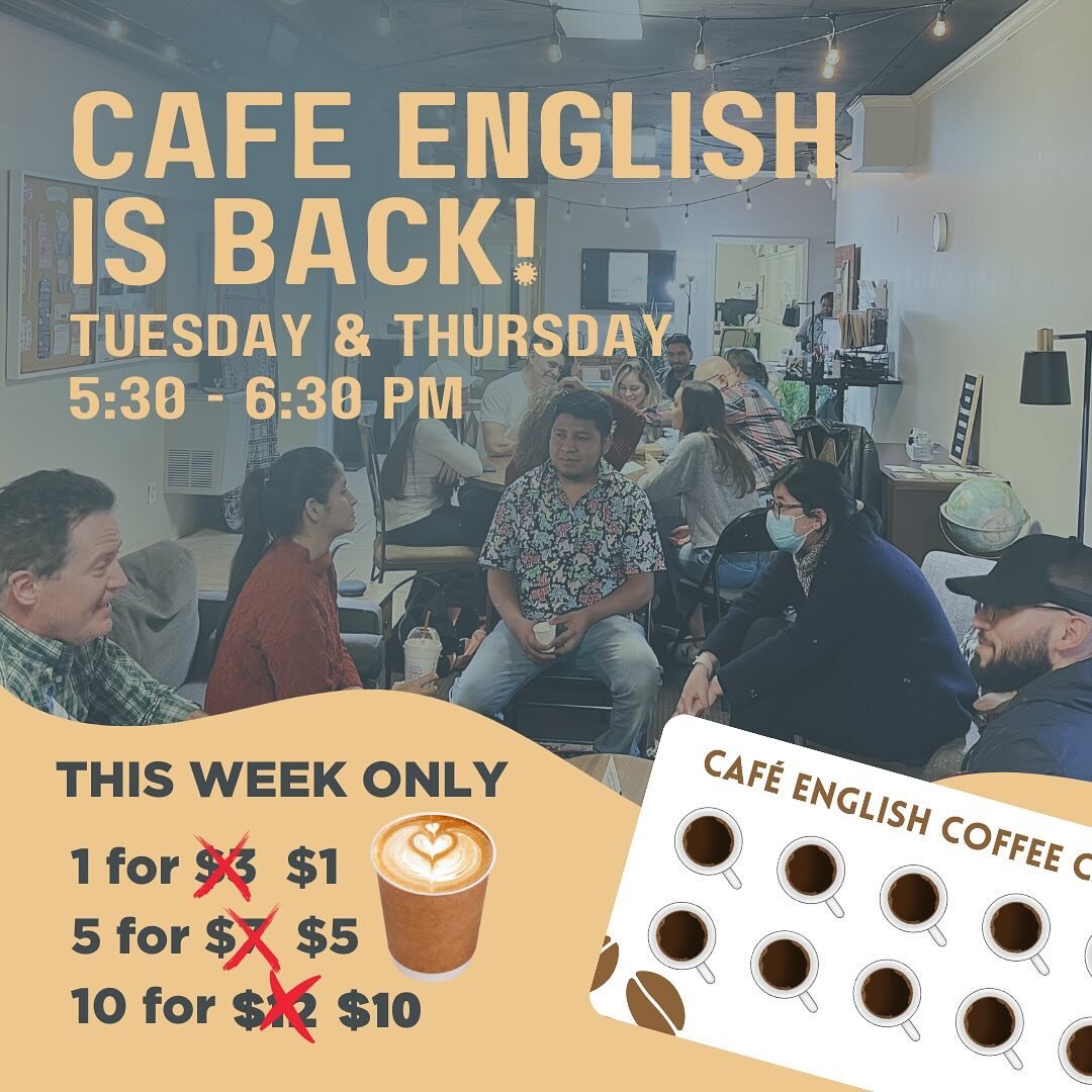 Calling all students and Cafe volunteers! 

Cafe English starts back tonight! Come join in for some delicious coffee and conversation practice an hour before classes at 5:30 pm tonight. See you there! ☕
&mdash;
#clc #esl #connectlanguagecenter #world