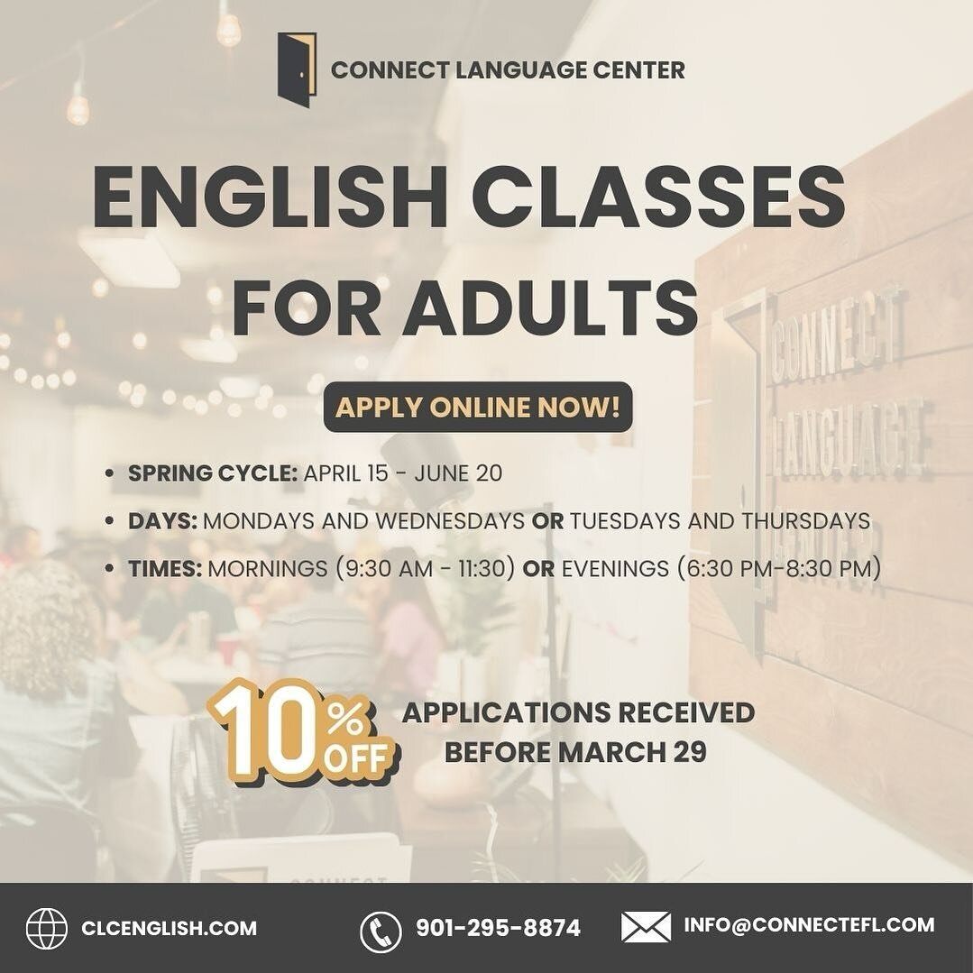 Apply now for spring classes at the Connect Language Center! Students who apply and enroll before March 29th get 10% off!!!! This offer is for a limited time only. 
1. Apply online (link in bio) 
2. Take Placement Test (online) 
3. Enroll in class Ma