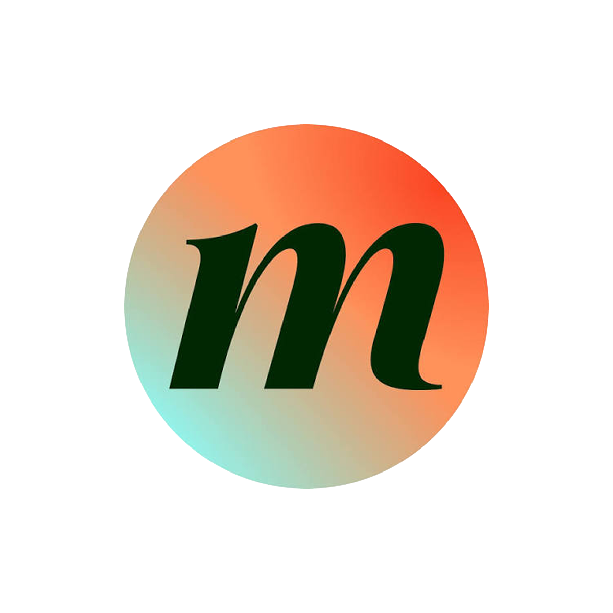 A circular logo with a gradient background from light teal to coral, featuring a large black stylized letter 'm' in the center.
