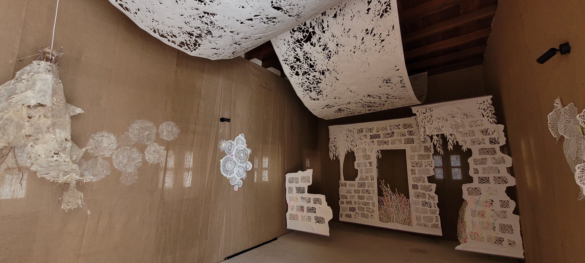  This is the work of the 2022 Artist in Residence at the Al Qasimi Foundation - Masarratfatima. This entire work was created in the office here and is made entirely of finely hand cut paper. Her patience is unbelievable, and the installation is stunn