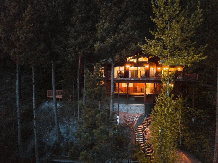 A treehouse lit with warm lights, built on a hillside among tall trees at night, with a wooden staircase leading up to it.