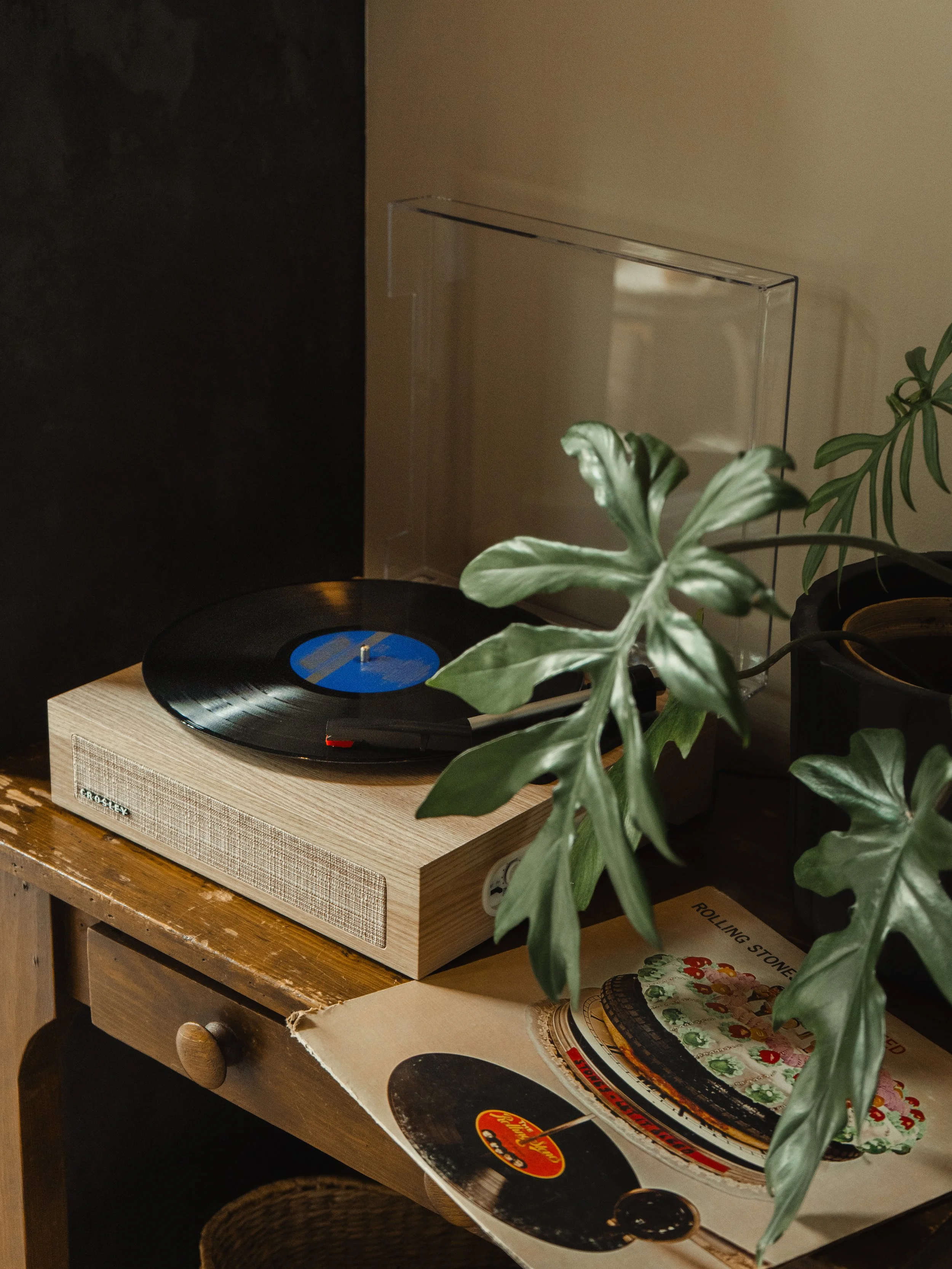 A vinyl record on a turntable, placed on a wooden shelf, with green potted plants nearby. There are boxes and a book underneath the shelf.
