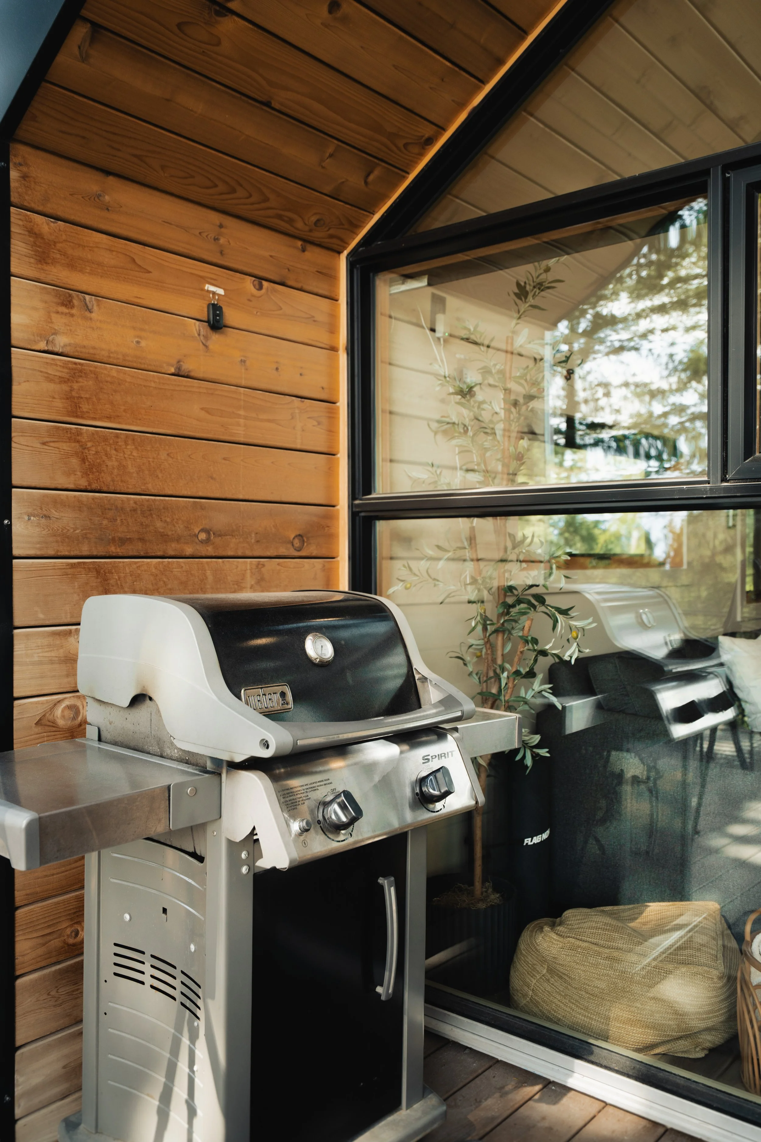 A propane barbecue grill outside next to a glass sliding door with a view of a potted plant inside. The setting has wood panel walls and a wooden deck.