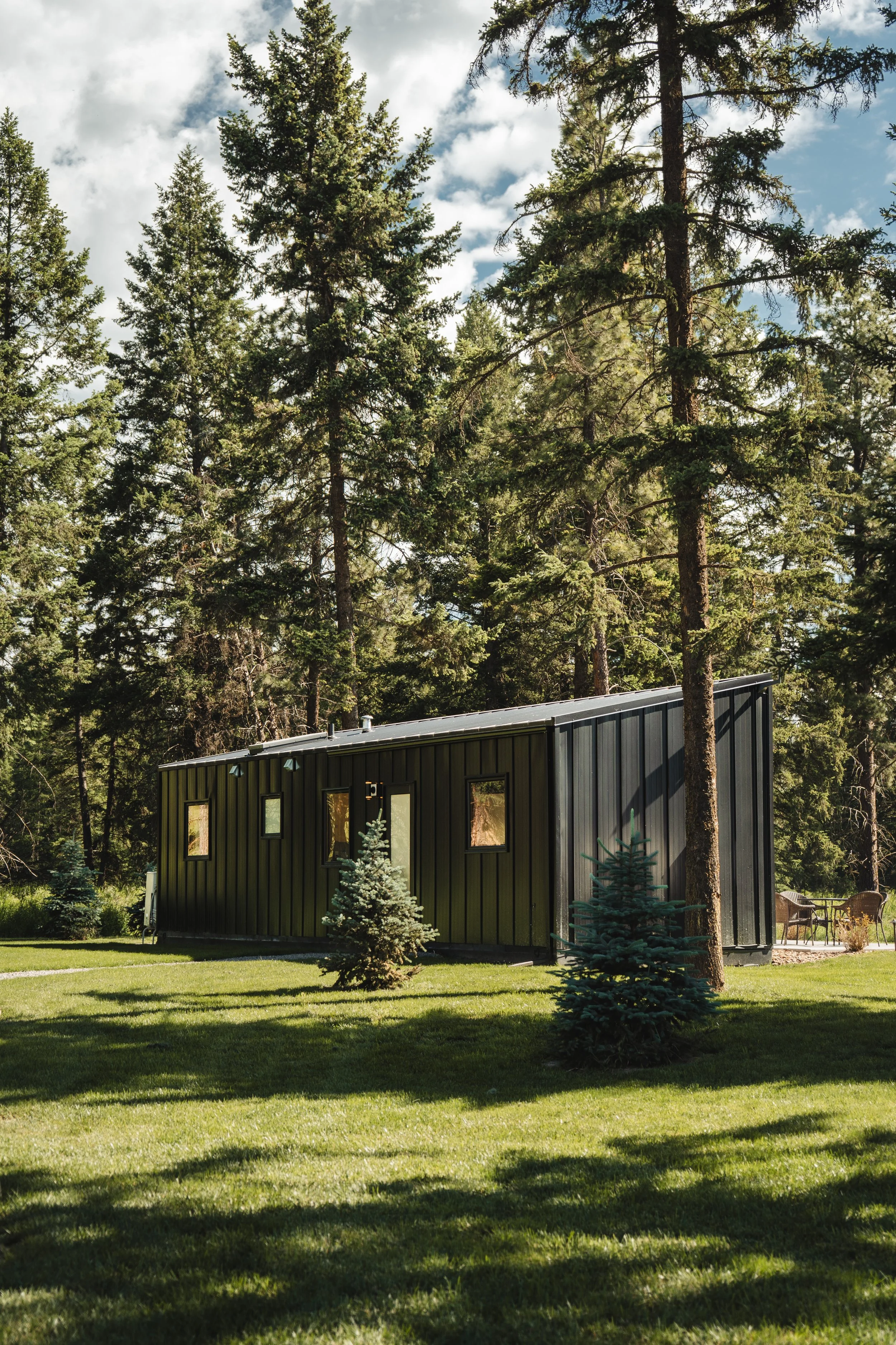 Modern black house with a metal roof surrounded by tall pine trees and a well-maintained green lawn, with a partly cloudy sky overhead.