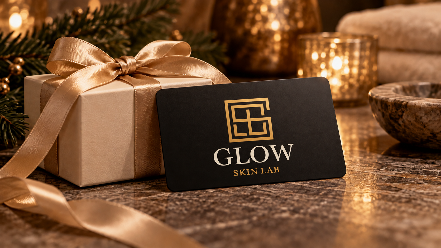 A Glow Skin Lab gift card next to a wrapped gift with a gold ribbon and candlelight