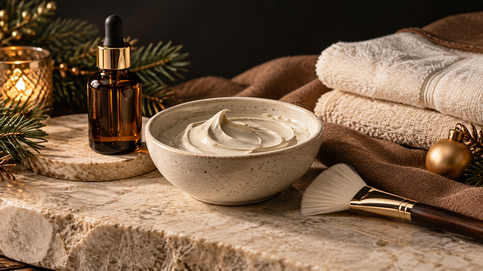 Professional peel and serum products arranged on marble with holiday greenery