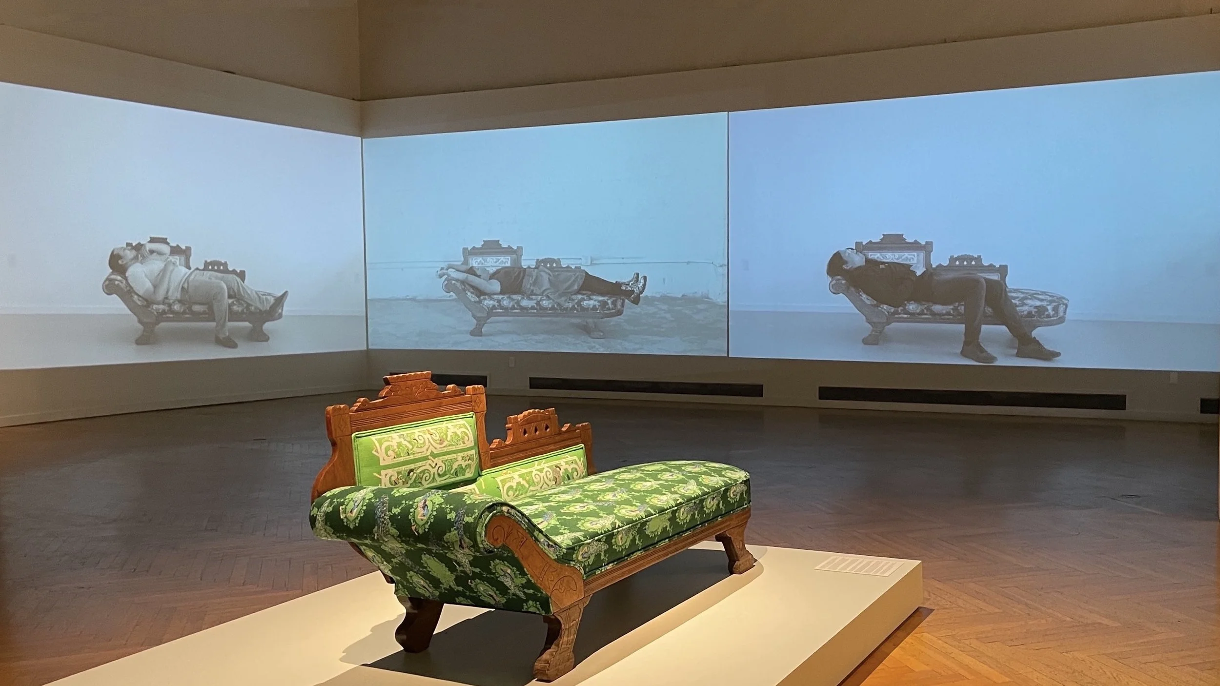 Fainting Couch (foreground) and Who Gets to Faint? (video, background) , 2022