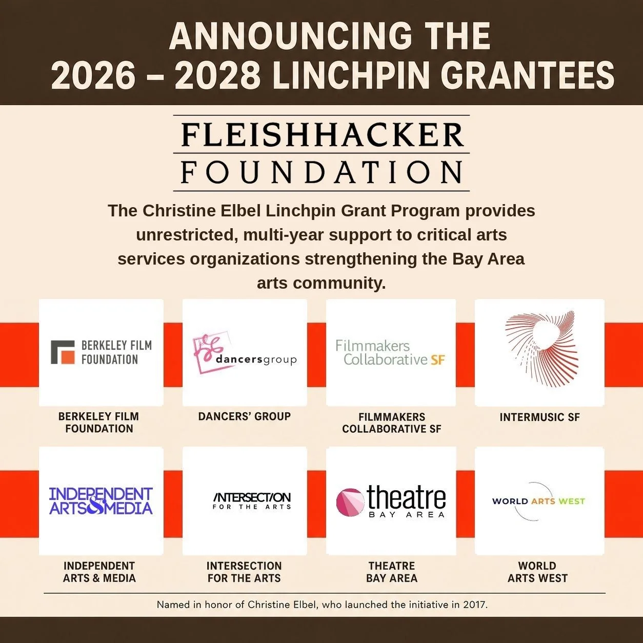 We are delighted to announce the 2026-2028 Linchpin grantees!

The Fleishhacker Foundation&rsquo;s Christine Elbel Linchpin Grant Program provides three years of unrestricted support to key Bay Area arts service organizations that help local artists 