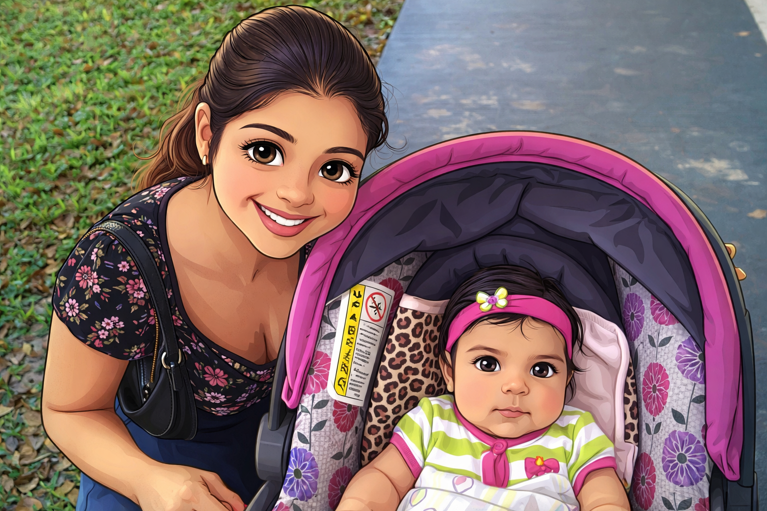 Una joven sonriente junto a una niña en una carriola en un parque, con césped y camino visible.