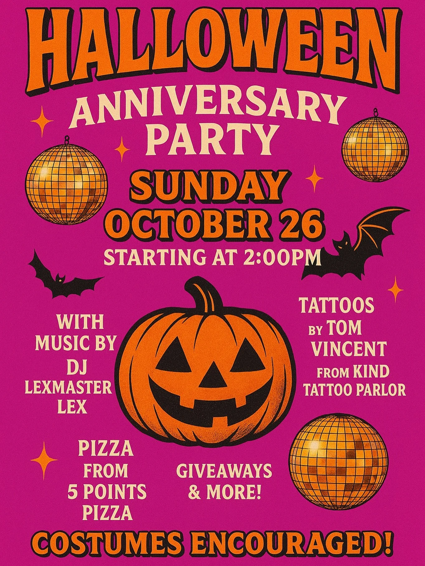 Join us, if you dare, for our 4 year anniversary Halloween party! 

Sunday October 26th starting at 2:00
At The Beauty Parlour

We will have music by DJ LexmasterLex, tattoos by Tom Vincent from Kind Tattoo Parlor, pizza from 5 Points Pizza, free dri