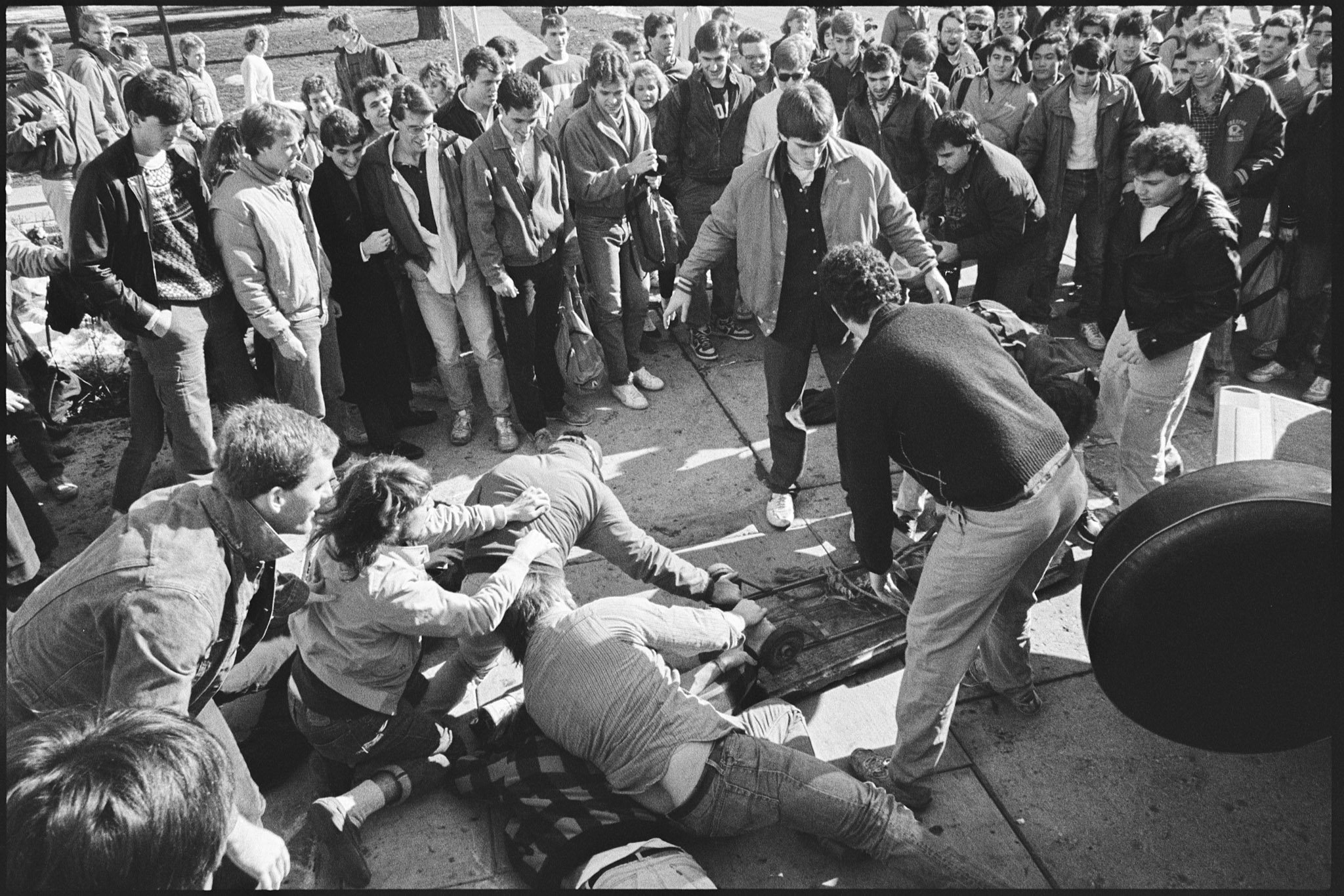 Brawl for the senior bench after chapel, February 6, 1987