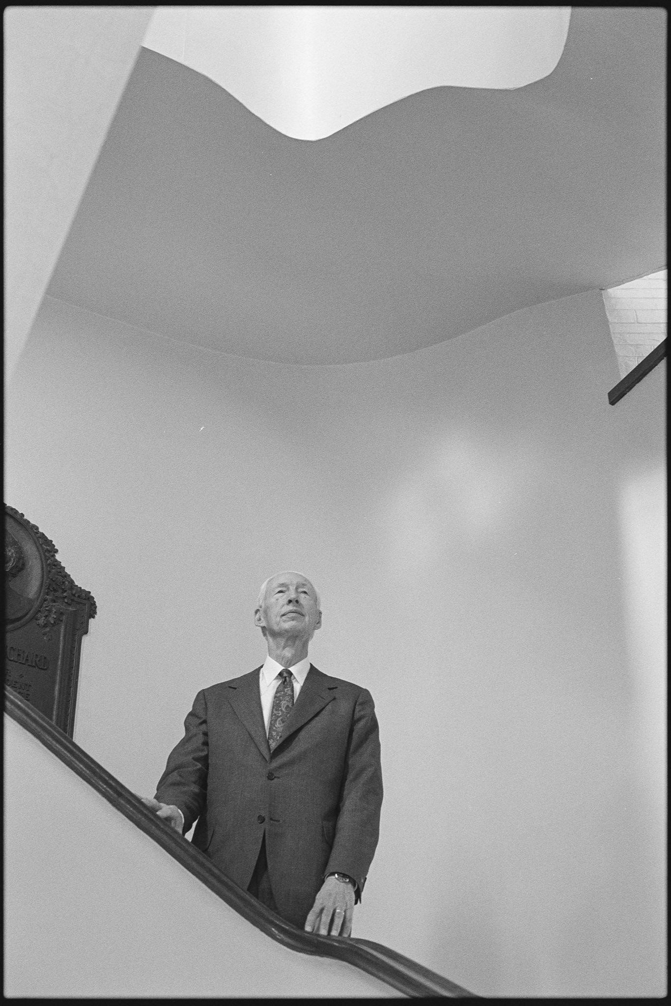 President Hudson Armerding on the Blanchard Tower staircase a week before renovations began, May 11, 1989