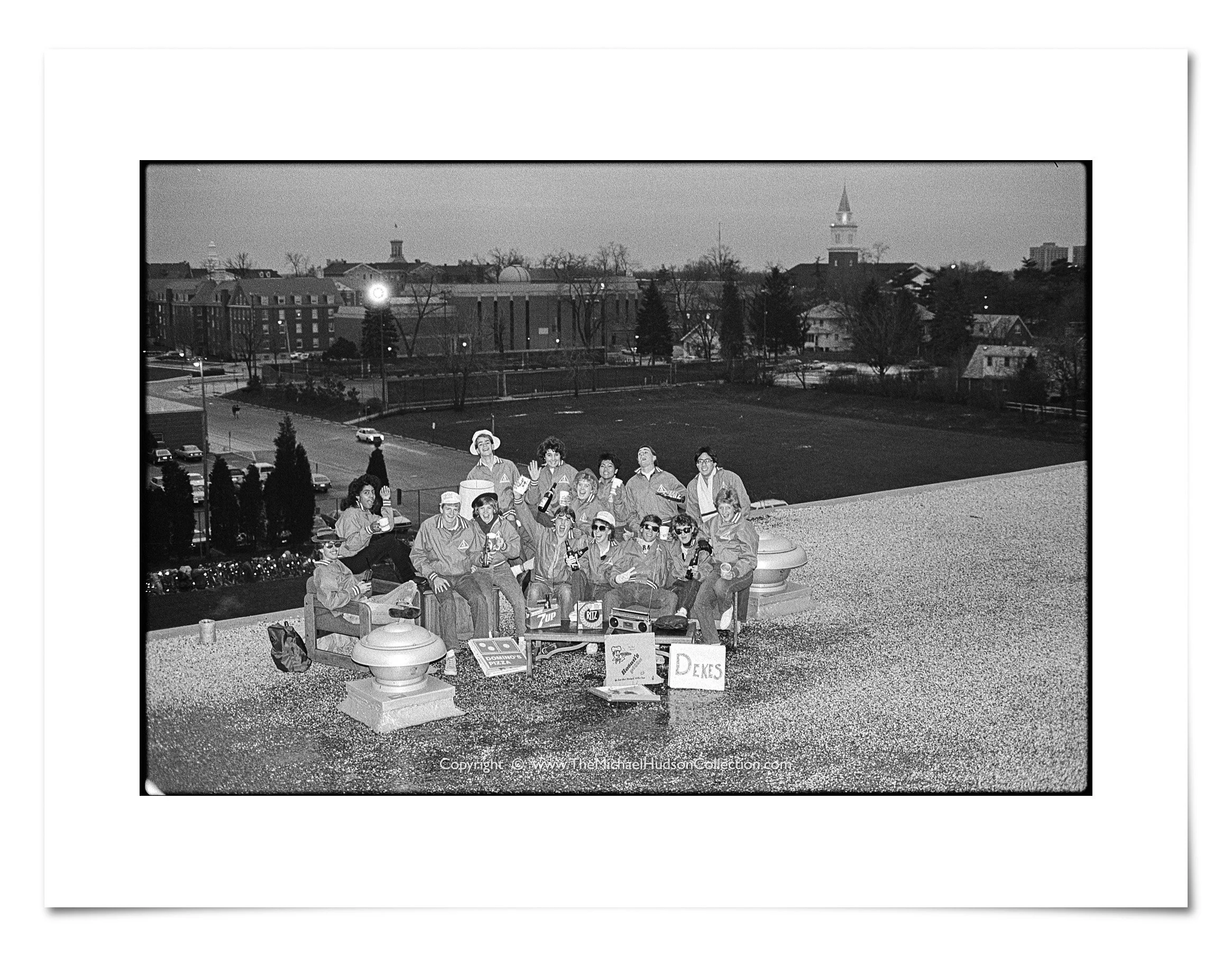Current president Phil Ryken '88 and Diakonoi Group on top of Fischer Dorm, November 24, 1985
