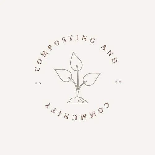 Minimalist graphic of a sprouting plant with three leaves and a small mound of soil, surrounded by the text 'COMPOSTING AND POSTING' in a circular arrangement.