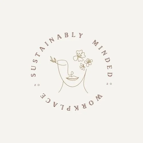 Minimalist line drawing of a woman's face with flowers around one eye, surrounded by text reading "Sustainably Minded Workplace" and the year 2020.