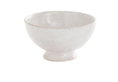 A white ceramic bowl with a slightly flared rim and small pedestal base.