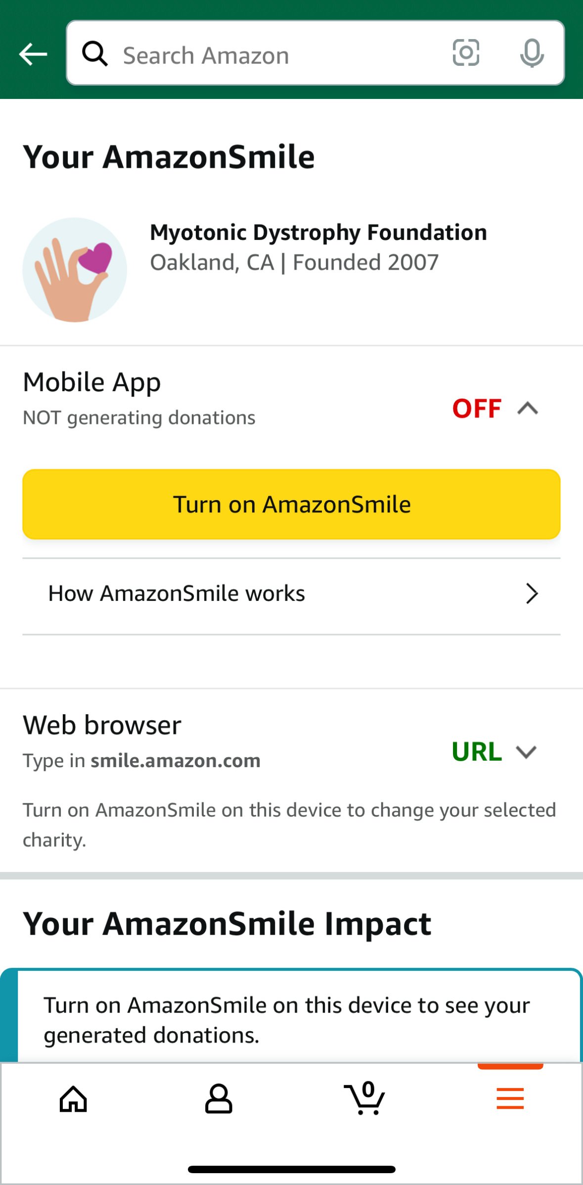 Tap "Turn on AmazonSmile"