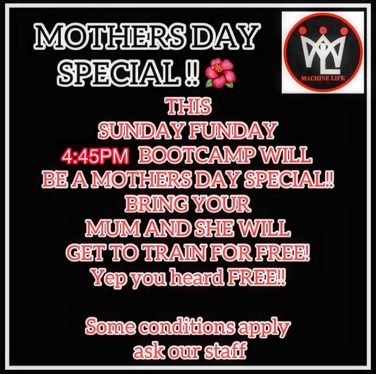 MOTHERS DAY SPECIAL!!
BRING YO MUMMAZ FOR FREE ON SUNDAY!! ❤️ 🙌🏽💯

Non members and members if your mum isn&rsquo;t a member with us already. Then you can bring your mums and she will train for free!!

For mother&rsquo;s day only!!🌺
If you are a n