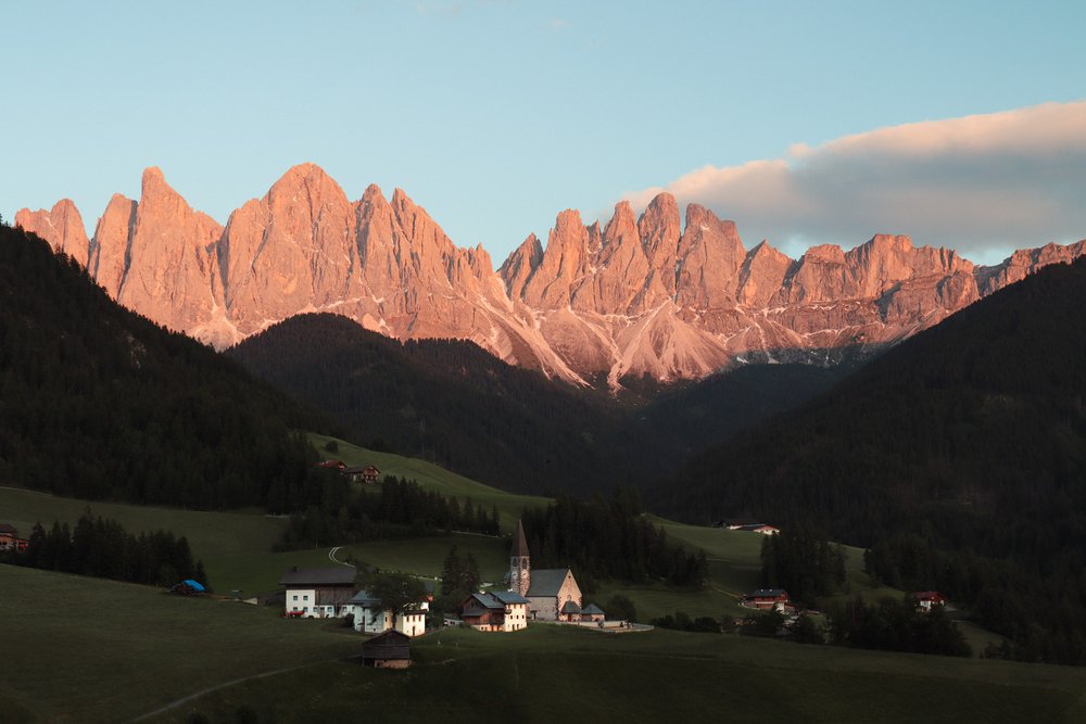 santa maddalena church val di funes in dolomites in june