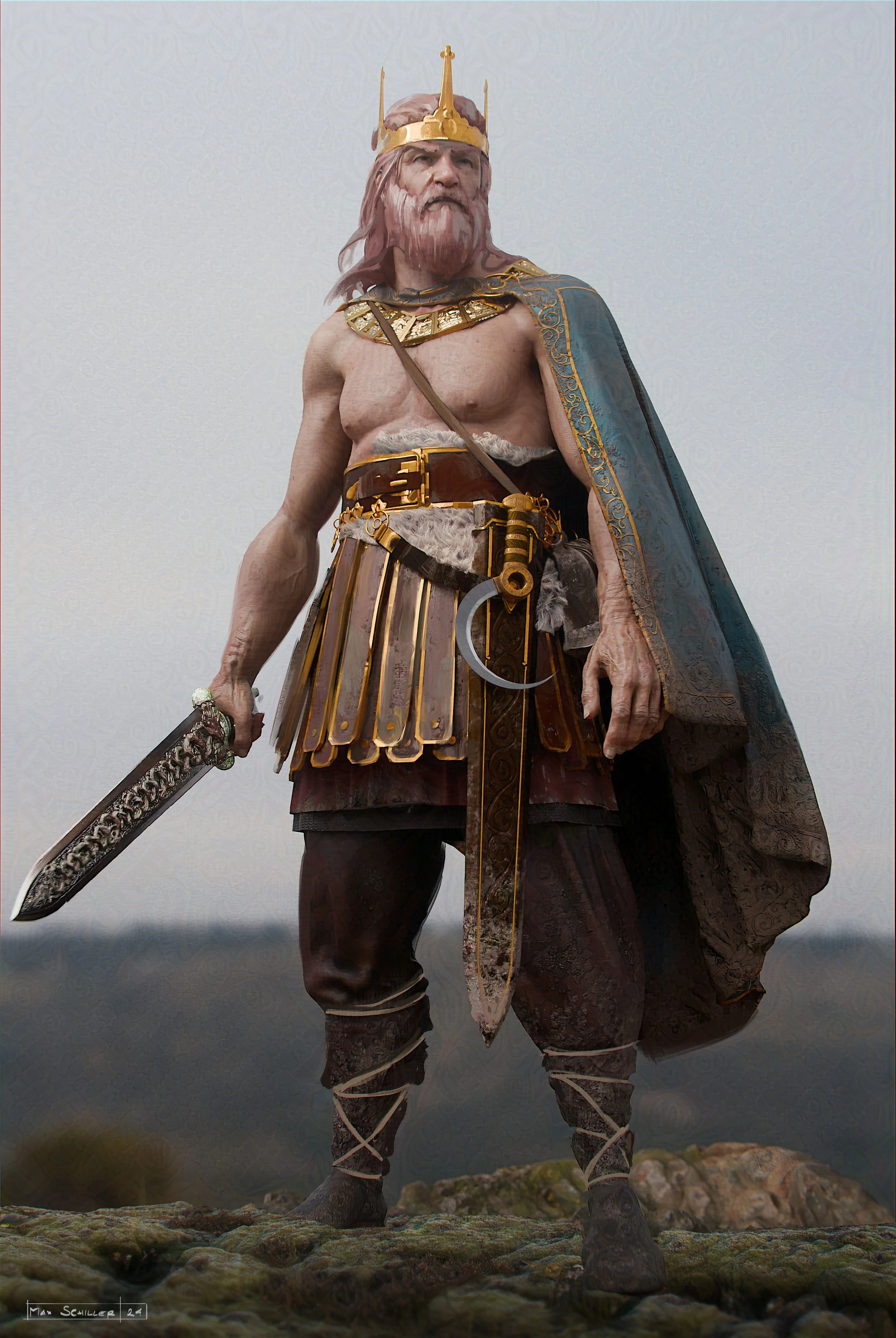 A statue of a regal warrior man with a beard, wearing a golden crown, a large decorated collar, a blue cape, armor, and holding a sword, standing on rocky terrain.