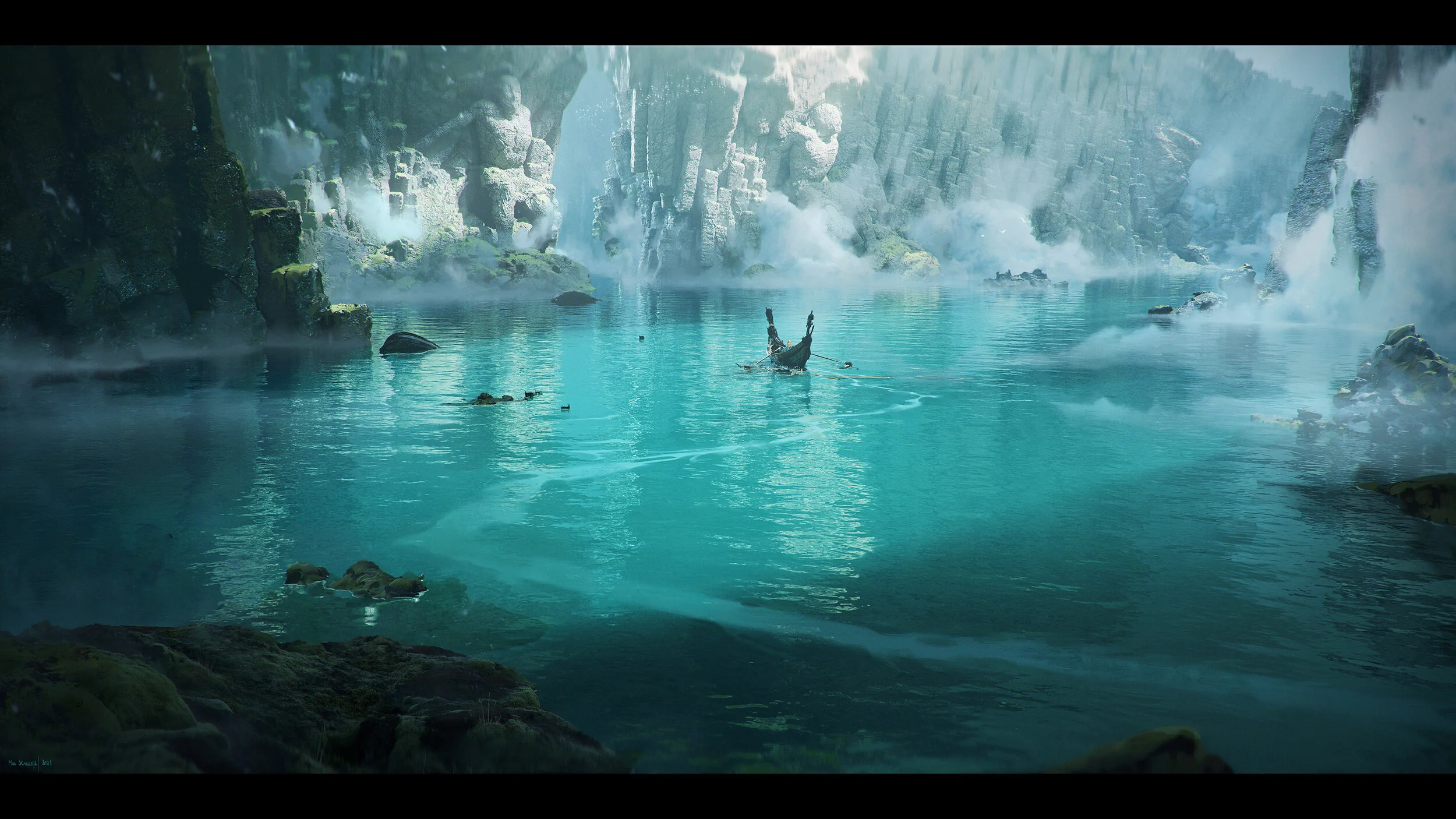 A serene scene of a turquoise river flowing through a deep canyon with tall, moss-covered cliffs and mist rising from the water, with a small wooden boat floating in the middle.