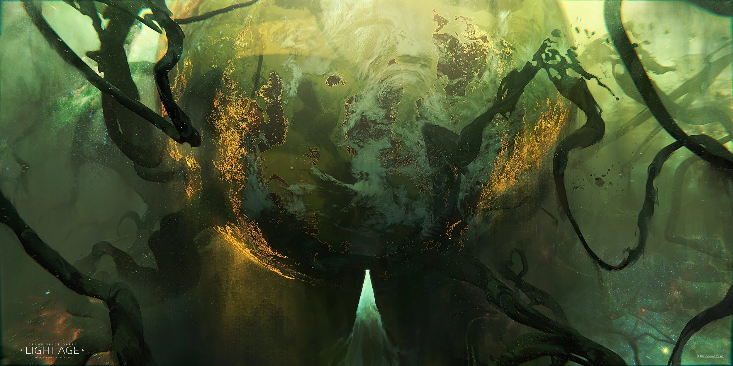 A surreal digital artwork showing a vortex with glowing green and yellow hues, torn paper-like edges, and dark organic tentacle-like structures reaching into the vortex. It has a mysterious, cosmic atmosphere.