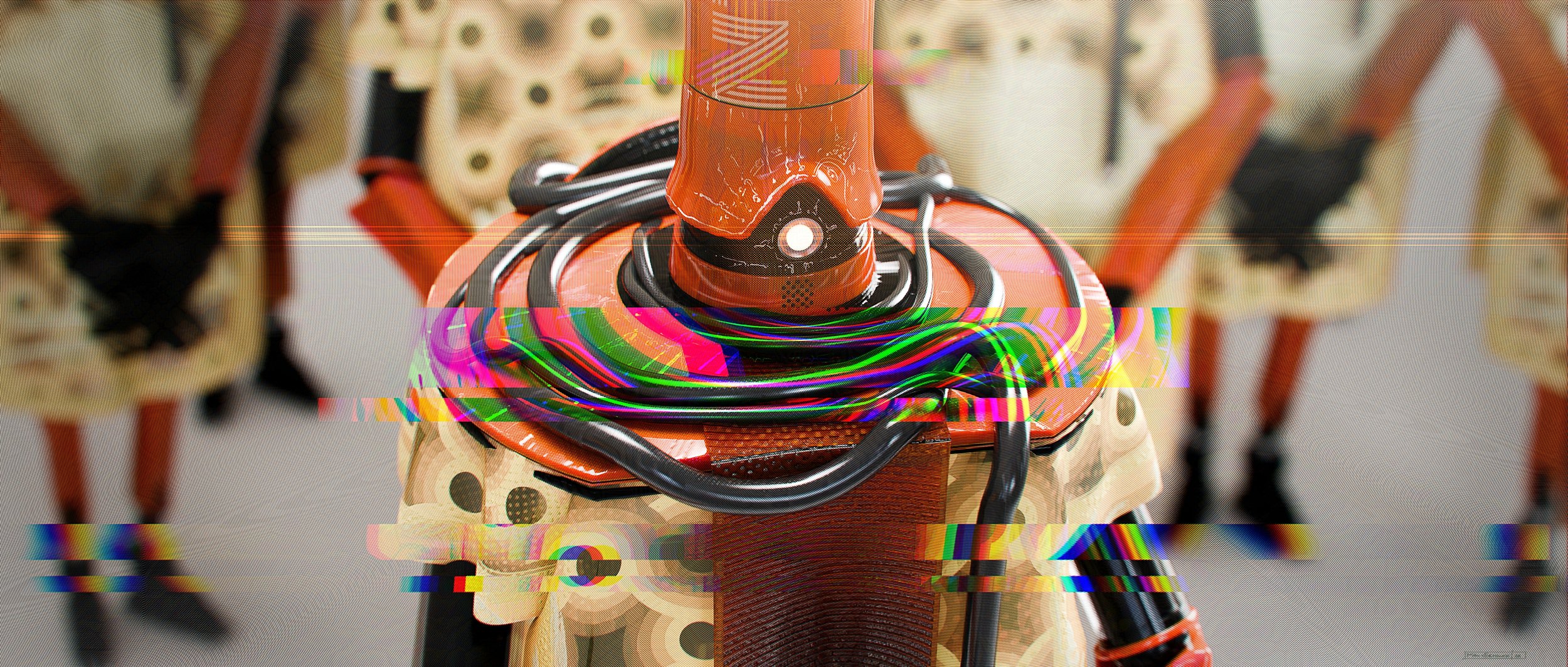 Close-up of a robot's head and upper torso with a computer glitch effect, showing black and red components with various cables.