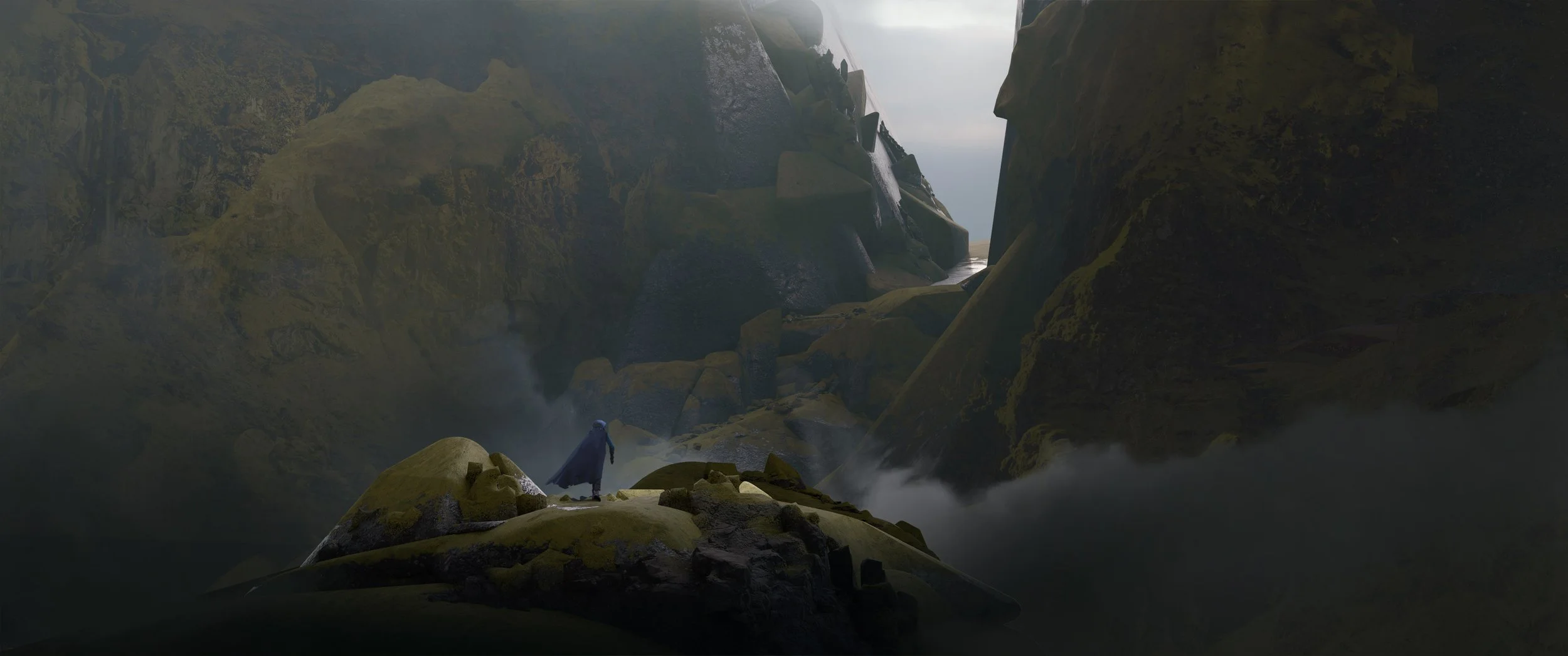 A person dressed in dark clothing and wearing a cape walks on moss-covered rocks in a foggy, rocky canyon with waterfalls and mist surrounding the area.
