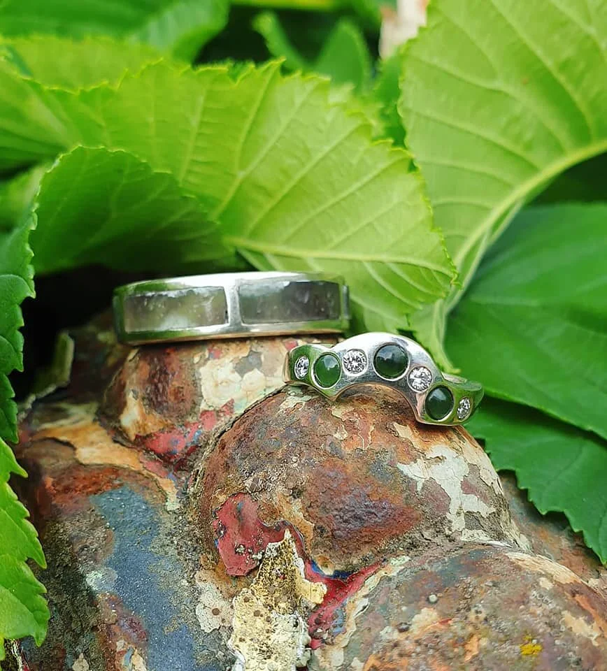 Wedding bands, white gold, diamonds, pounamu.