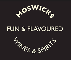 Logo with the word 'MosWICKs' at the top, 'Fun & Flavoured' in the center, and 'Wines & Spirits' at the bottom, all in white text on a black background.