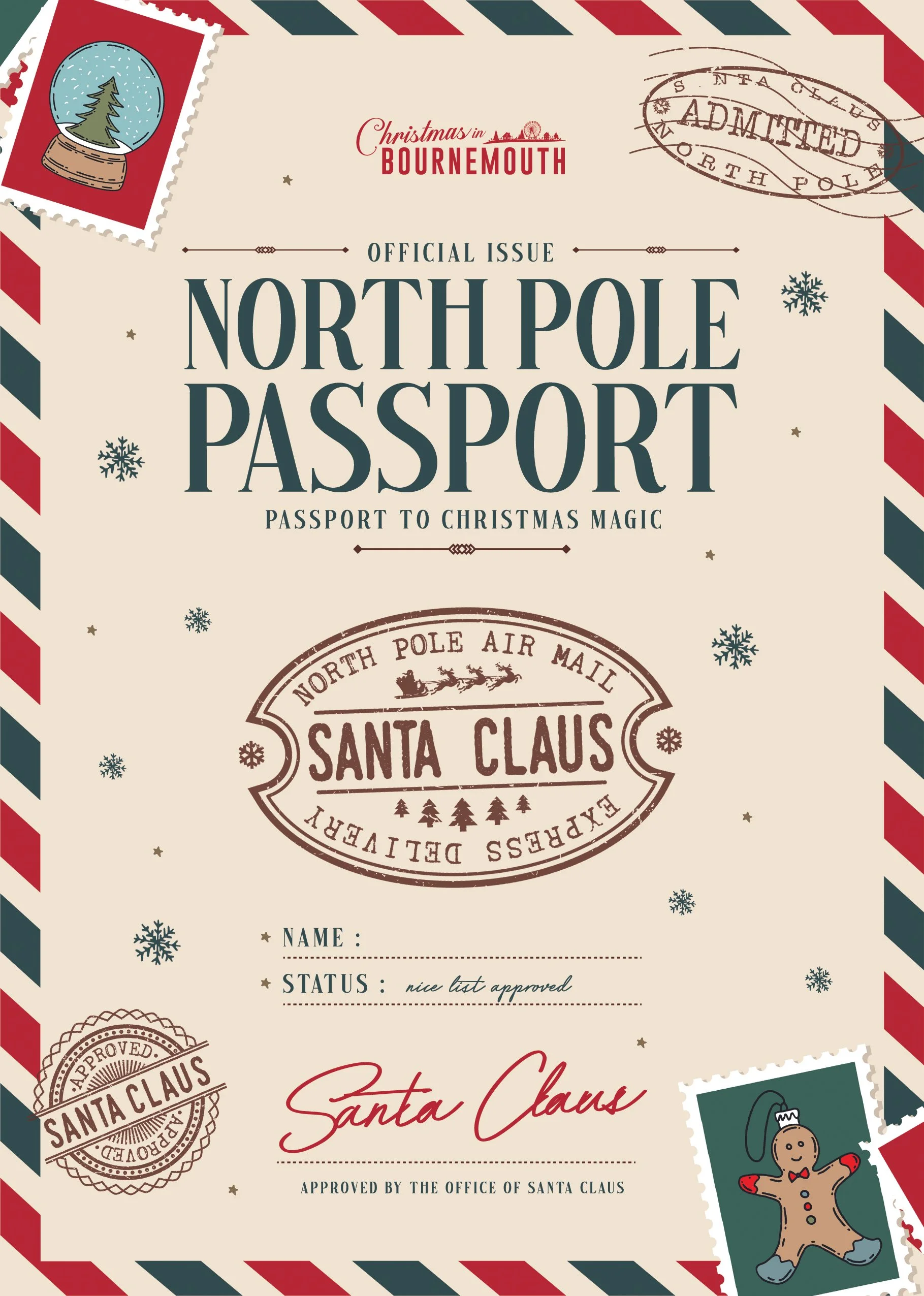 A Christmas-themed North Pole passport with stamps and illustrations, including a snow globe with a Christmas tree, a Santa Claus stamp, and a gingerbread cookie, all decorated with snowflakes and festive patterns.