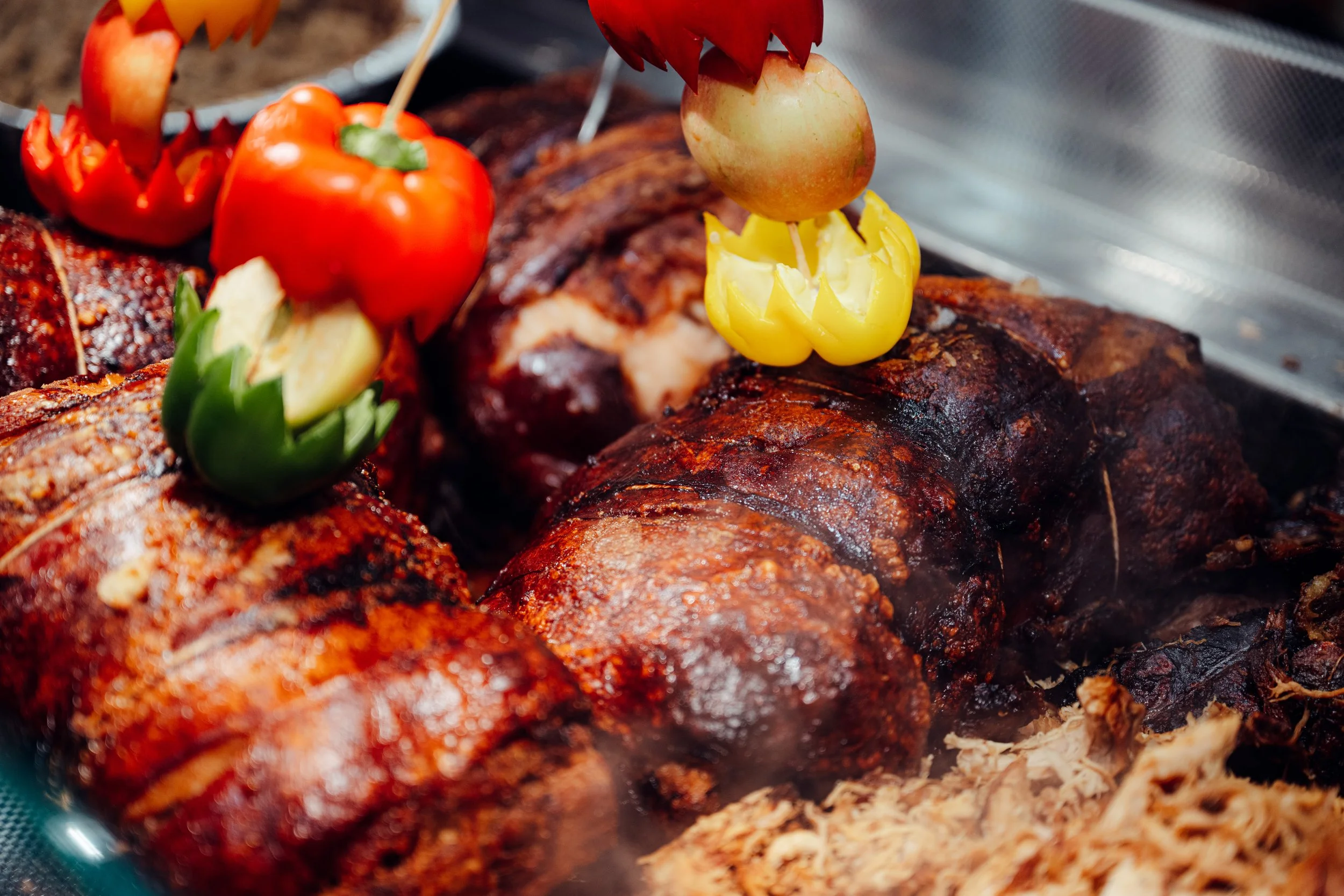 Barbecue meat with colorful bell peppers used as skewers.
