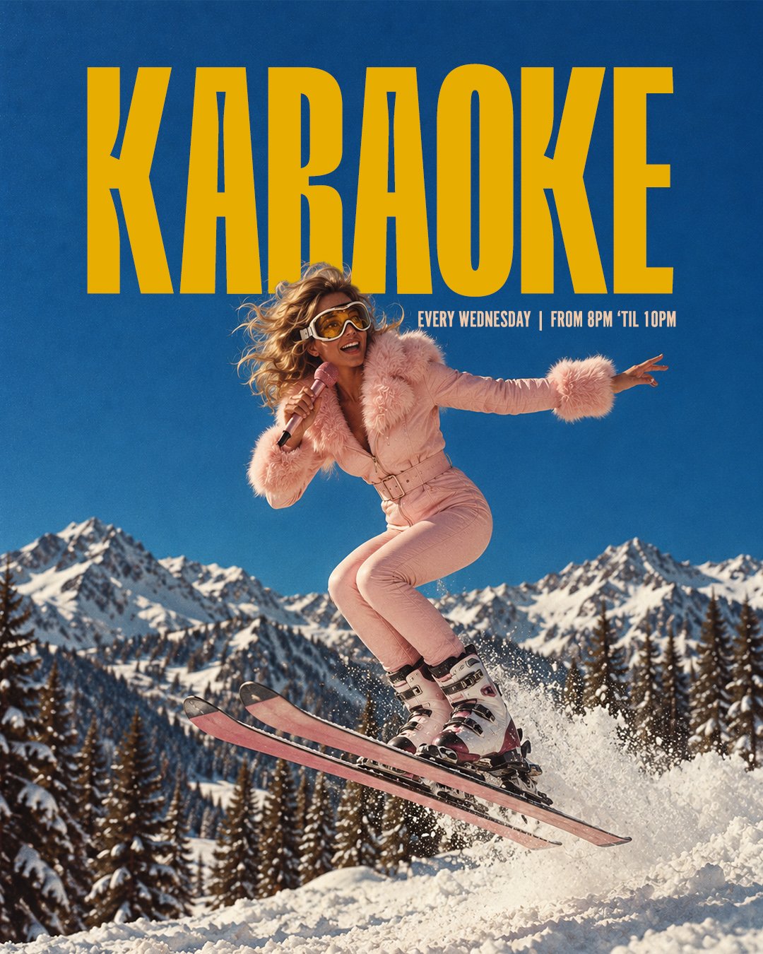 A woman in pink winter attire, with goggles, is skiing on snow-covered ground with snow-capped mountains and pine trees in the background.