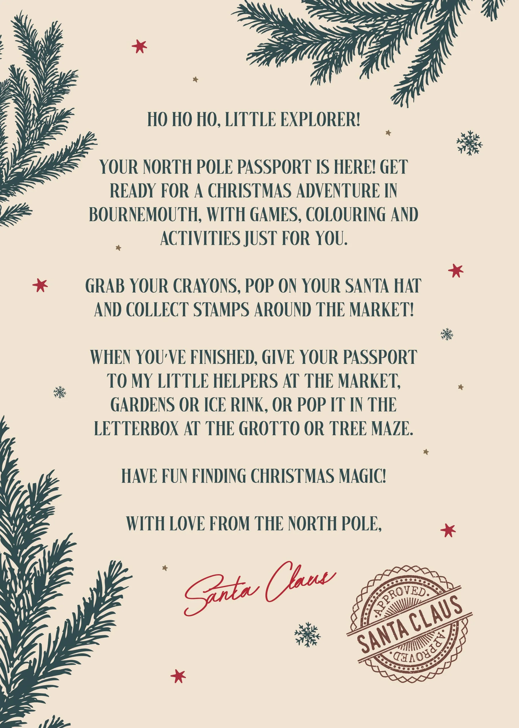 Christmas-themed letter explaining a North Pole adventure, with pine branches and snowflakes decorations.