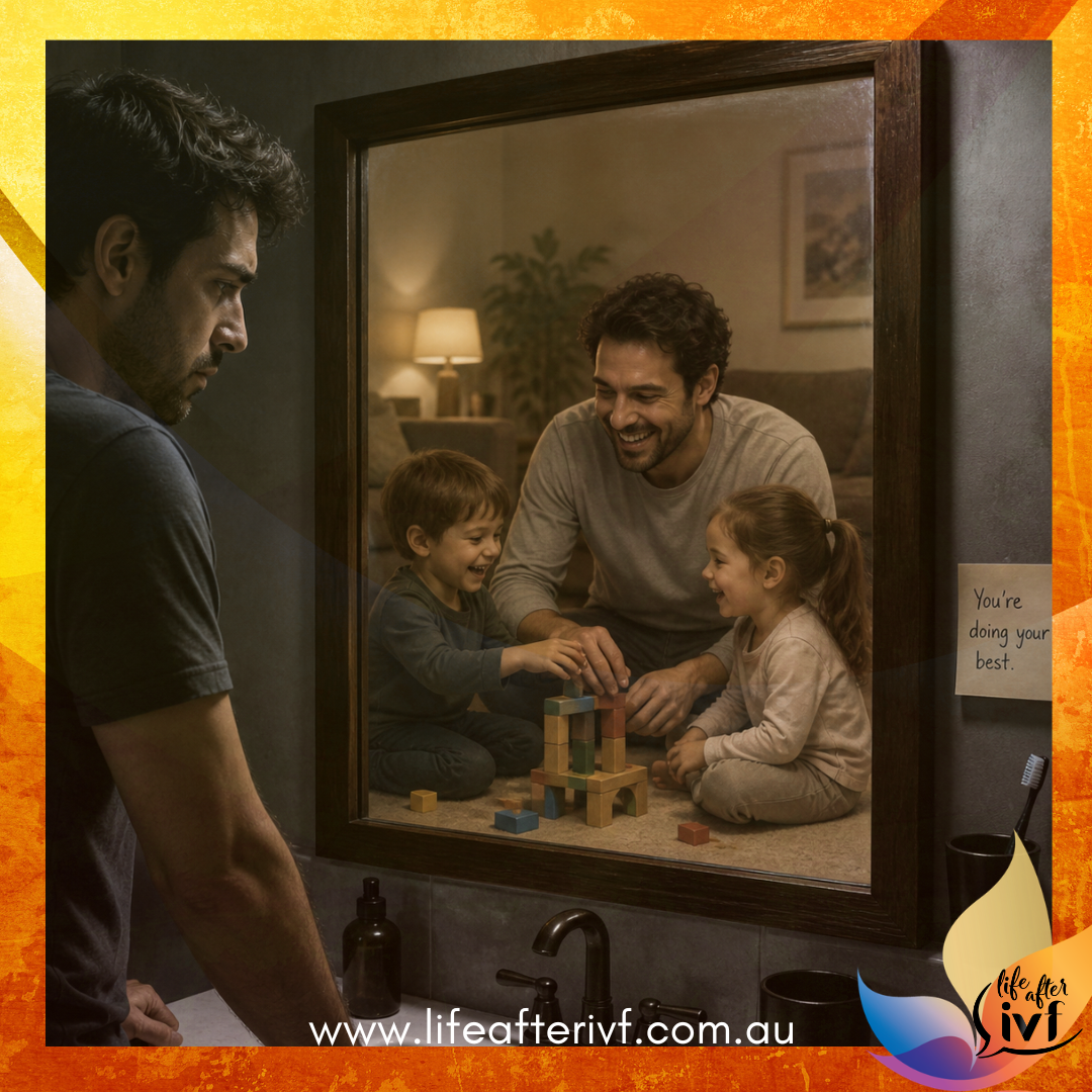 Man looking sadly into a mirror imagining what his life as a father might have been.