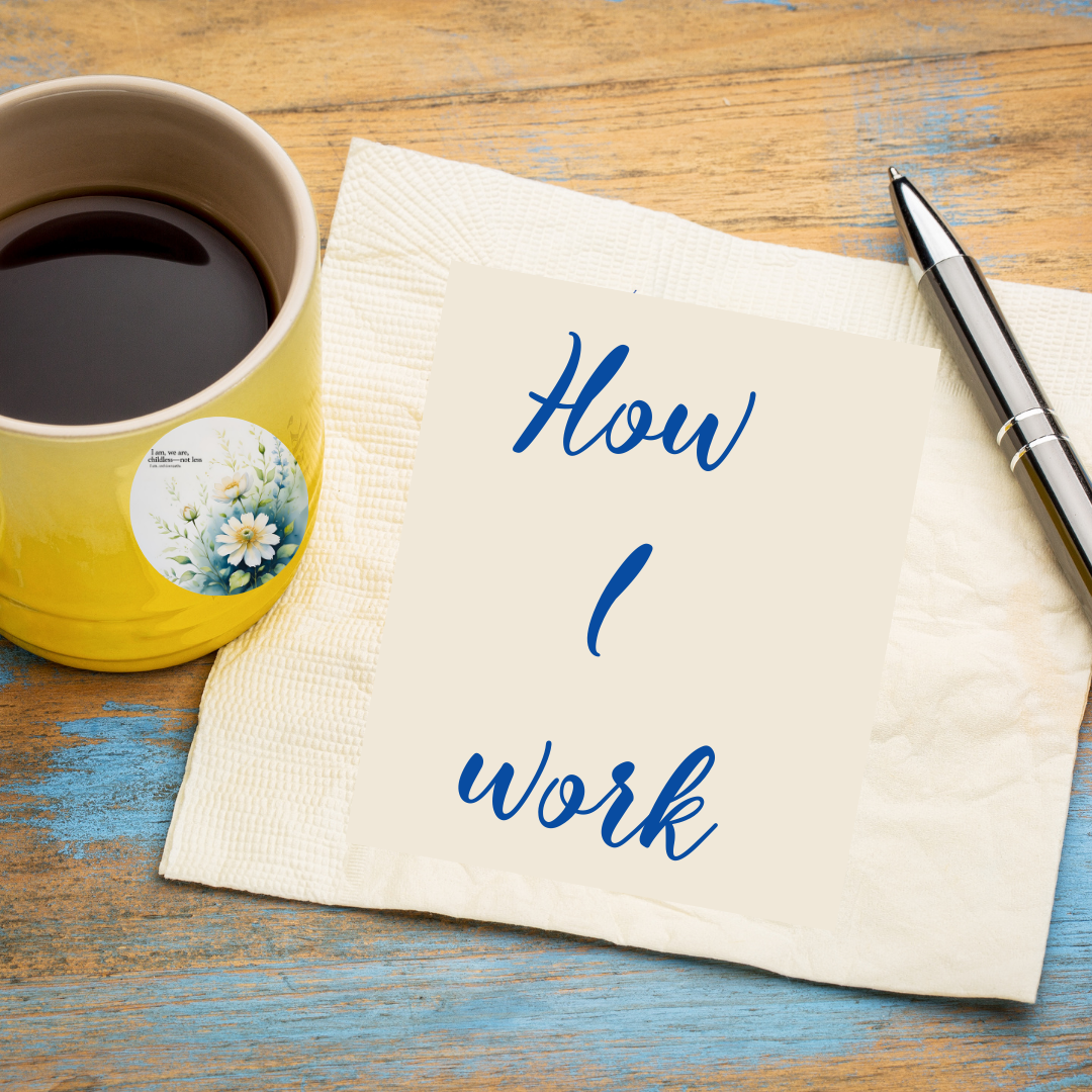 Image shows a yellow coffee cup next to a serviette and pen. The serviette has blue cursive writing which says How I work