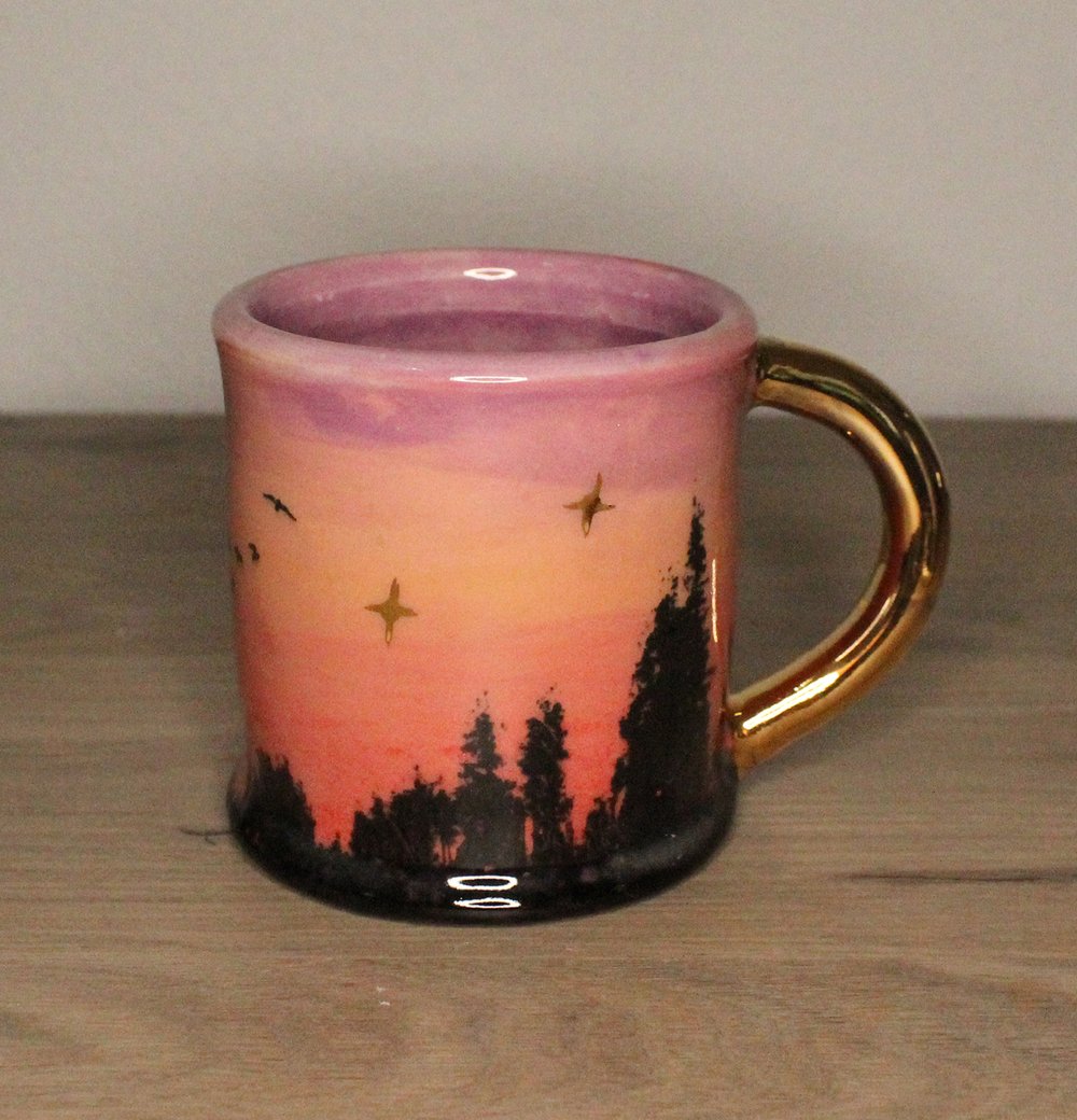 RUST DESIGNS TO GO COFFEE MUG WITH LID AND SILICONE SLEEVE SUNSET & DESSERT