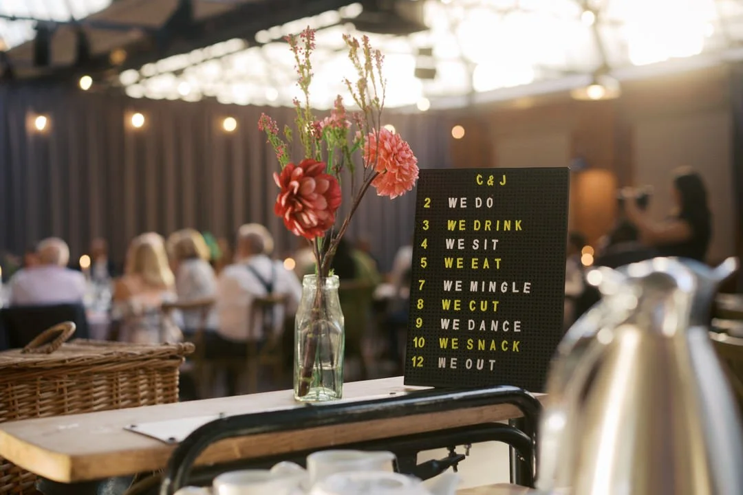  A letterboard showing the couple's plan for the day, beside a vase of dahlias 