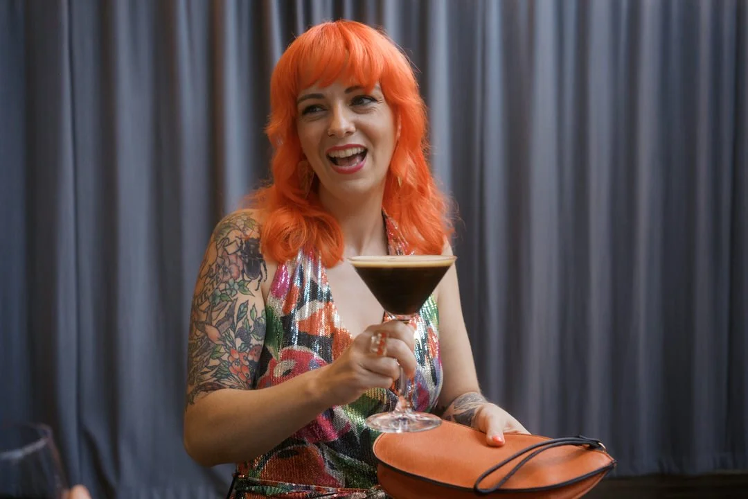  The celebrant, Louise of Kickass Gatherings, with an espresso martini at the reception at Bowers Mill 