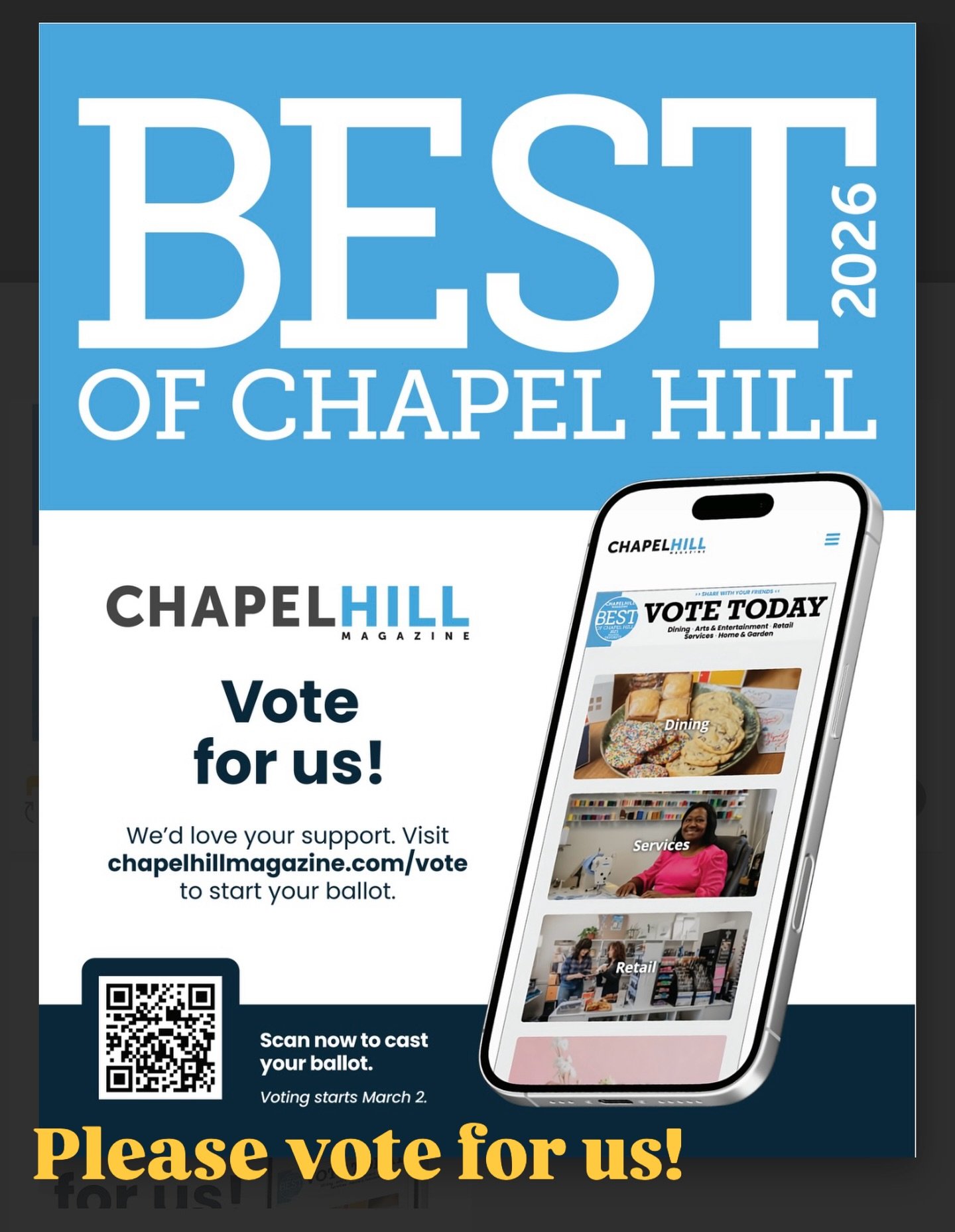 Hey all you lovers of great hair!  Please cast your vote for us in the Best of 2026 @chapelhillmag 

It&rsquo;s is women&rsquo;s month after all, so support the women who support YOU!

We love serving our clients and community and love love love when