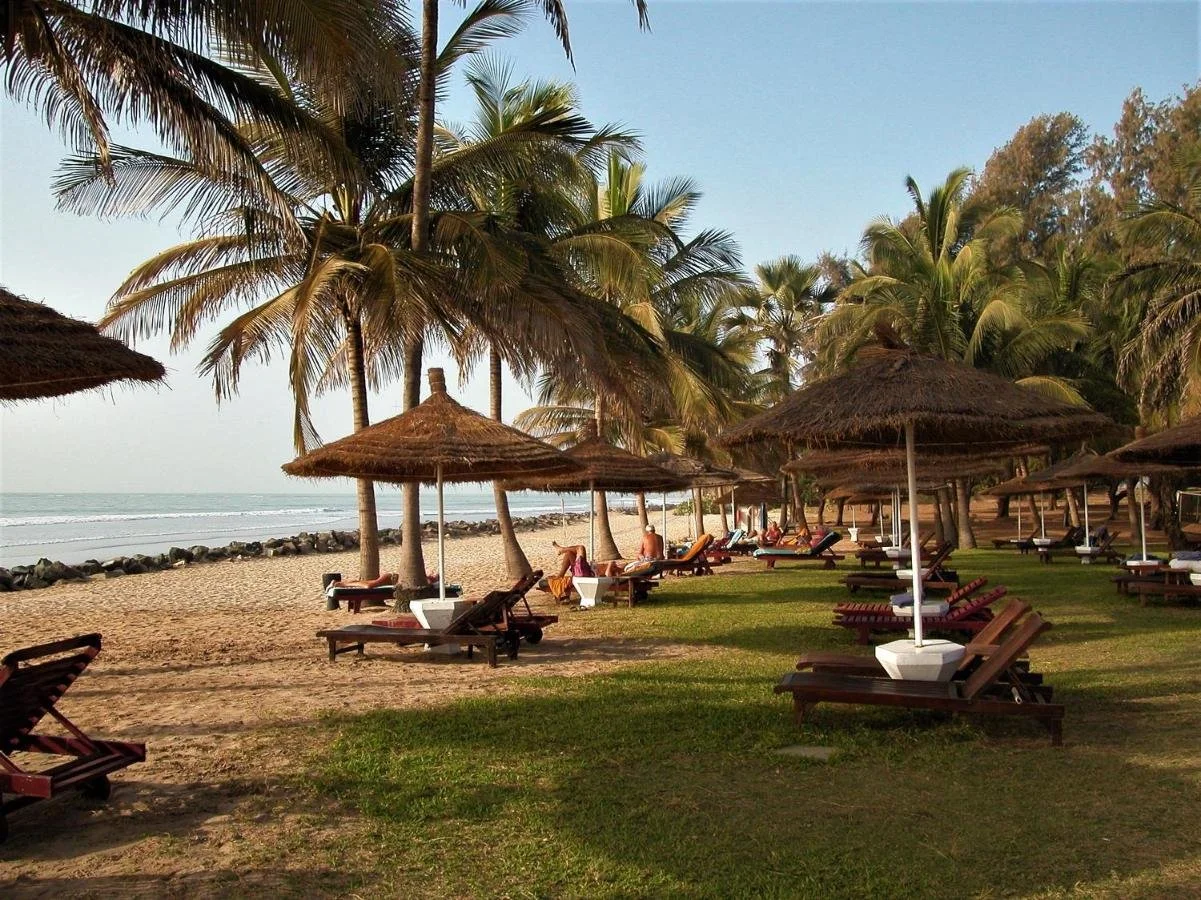 Beach scene with palm trees, thatched umbrellas, and lounge chairs, some people relaxing on the sand and under umbrellas.