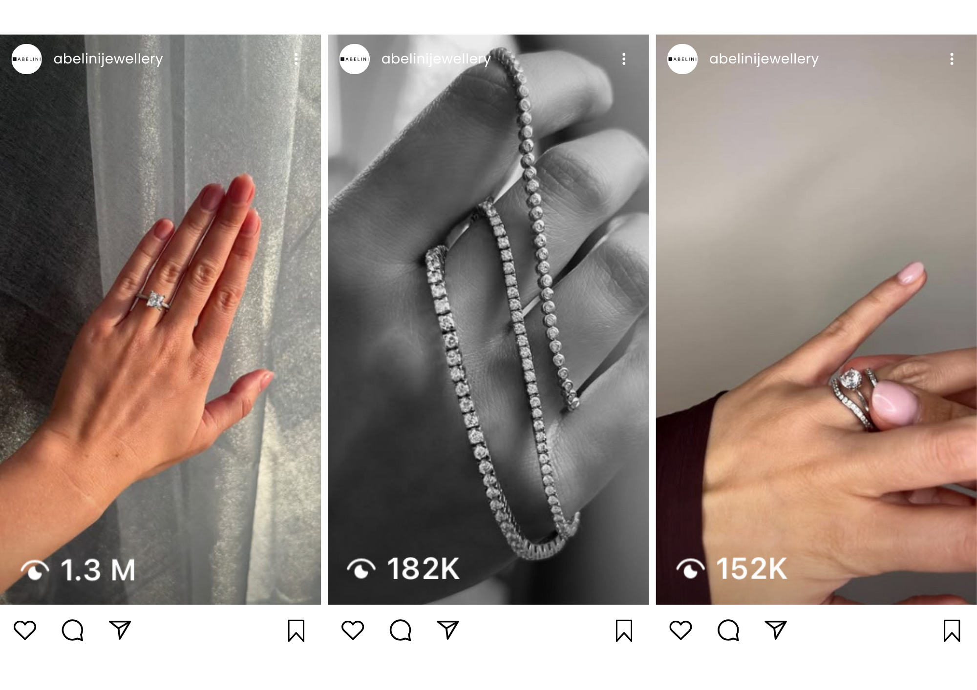 Collection of three images showcasing elegant jewelry pieces from Abelini Jewelry: an engagement ring on a woman's finger, a trio of diamond necklaces including a tennis bracelet, and a woman wearing a diamond engagement ring and wedding band.
