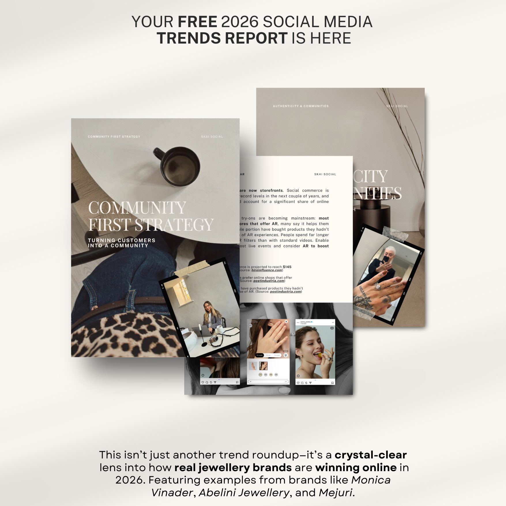 A promotional flyer for Skai Social featuring the 2025 Vision Board & Manifestation Sheets, with images of women working in office settings and a presentation to a group.