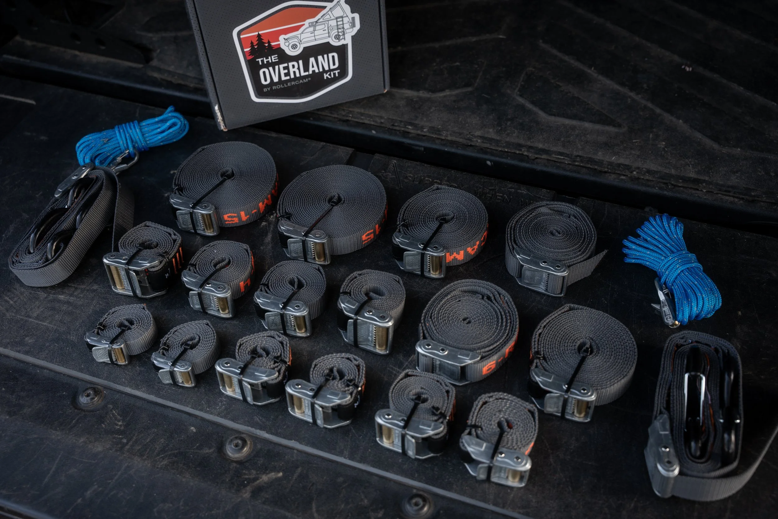 Rollercam overland kit contents laid out on truck bed