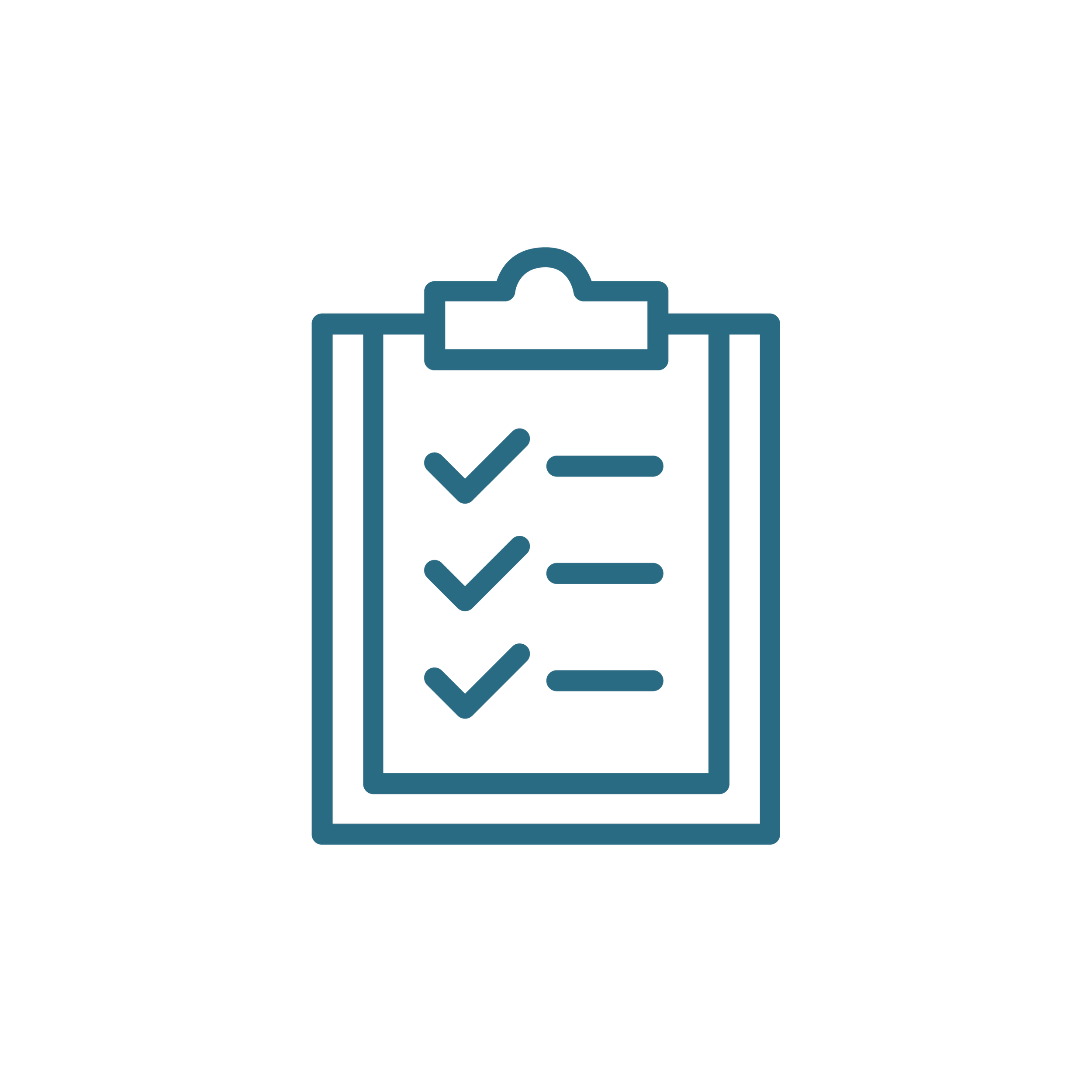 Checklist icon with check marks on a clipboard in blue outline.