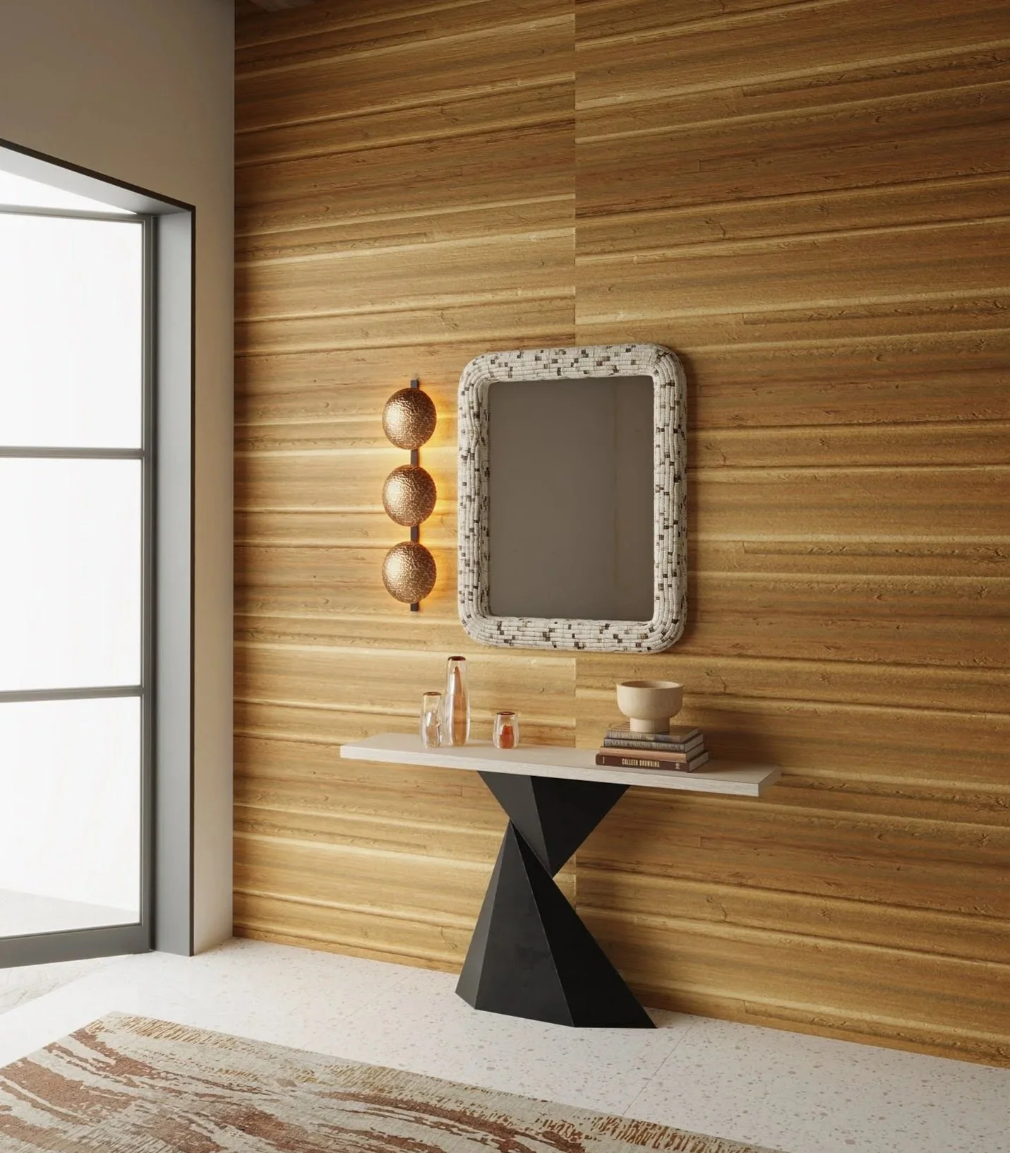 Colorado entryway with a wood-paneled wall, large window, decorative hanging lights, a white and black geometric side table, and a white floating shelf with glassware and books.