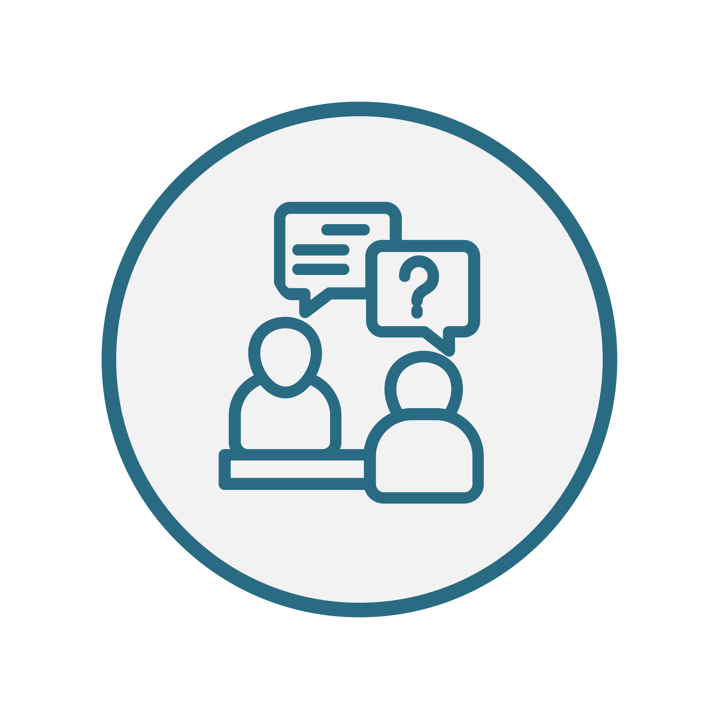 Icon of two people with speech bubbles, including a question mark, indicating communication or consultation.